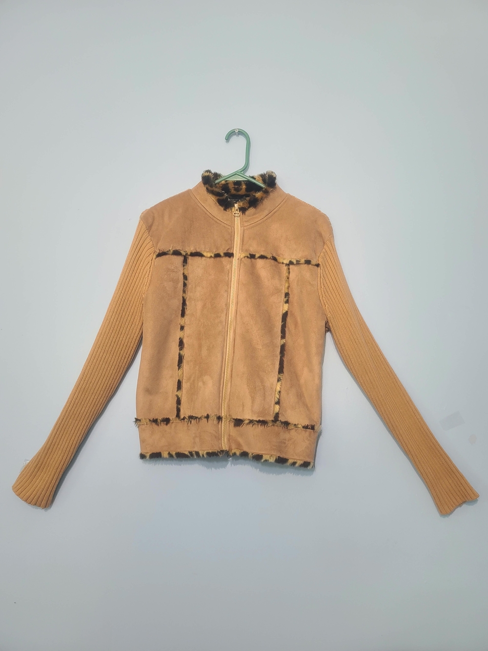 Women’s Camel Suede-Look Zip Jacket with Leopard Trim